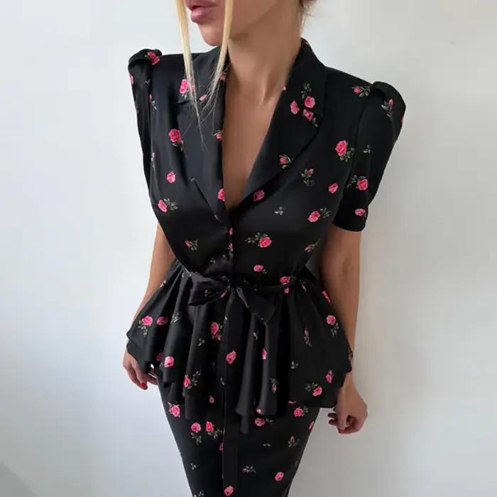 Ensemble de jupes pour femmes à imprimé floral et volants, hauts élégants à col en V et manches cour