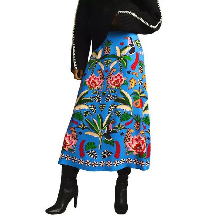 Mode Vintage plante tropicale imprimé jupe femmes printemps été nouvelle couleur a-ligne jupes frais