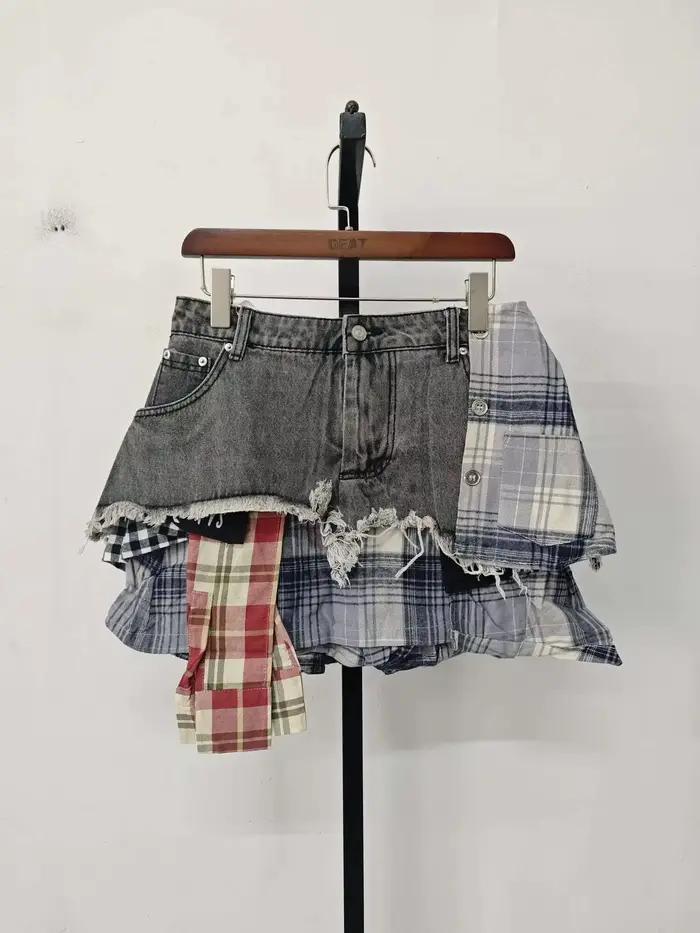 DEAT – jupe en jean pour femmes, Patchwork à carreaux colorés, déconstruit irrégulier, ligne a, tail