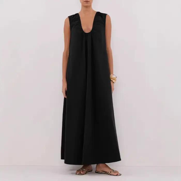 Robe longue décontractée et élégante en lin sans manches pour femme, col en V, coupe droite, respira