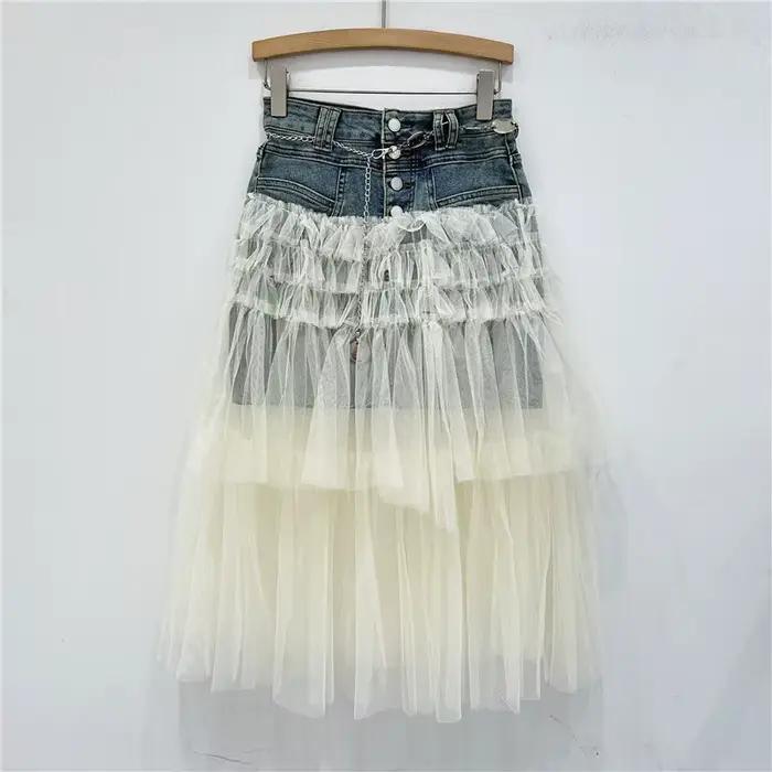 Jupe en jean de styliste pour femmes, jupe longue trapèze taille haute en maille épissée, coupe cint