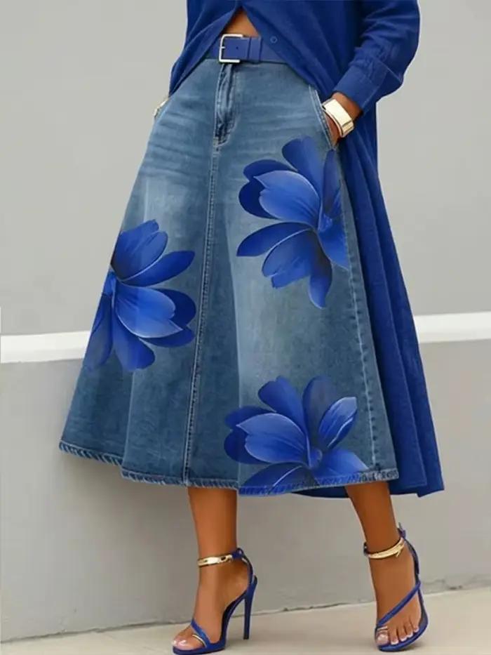 Jupes en jean pour femmes, mi-longues, coupe trapèze, imprimé floral, poches, élégantes, style Y2K,
