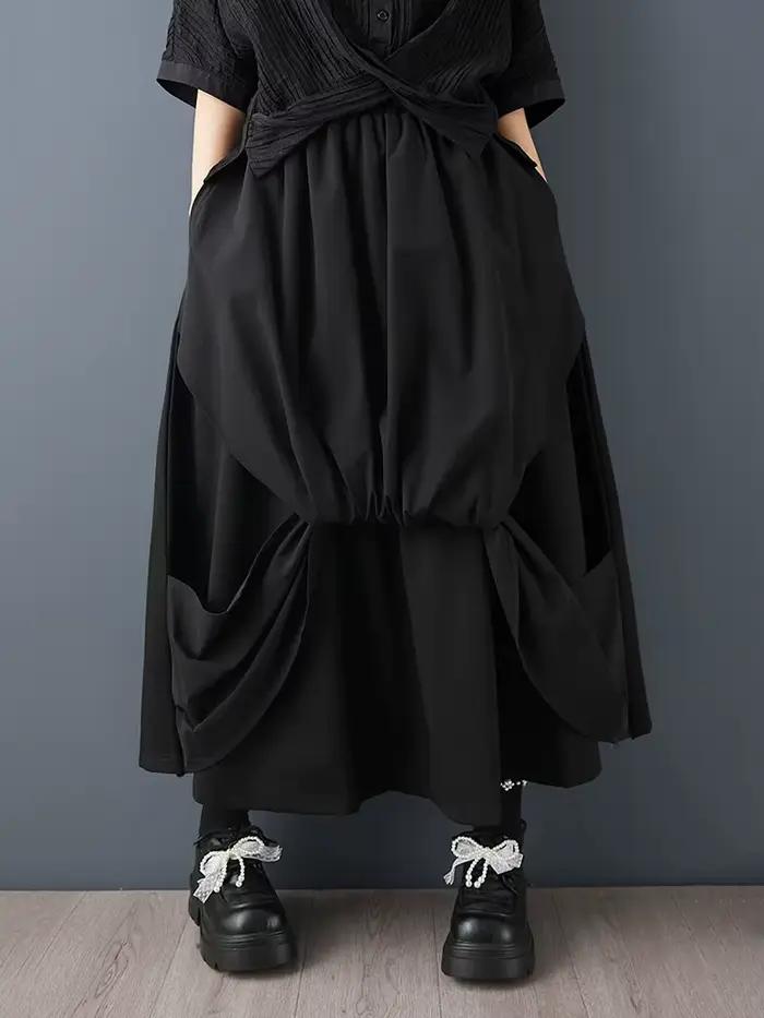Jupe longue décontractée noire vintage à taille haute avec empiècements plissés pour femme, grande t
