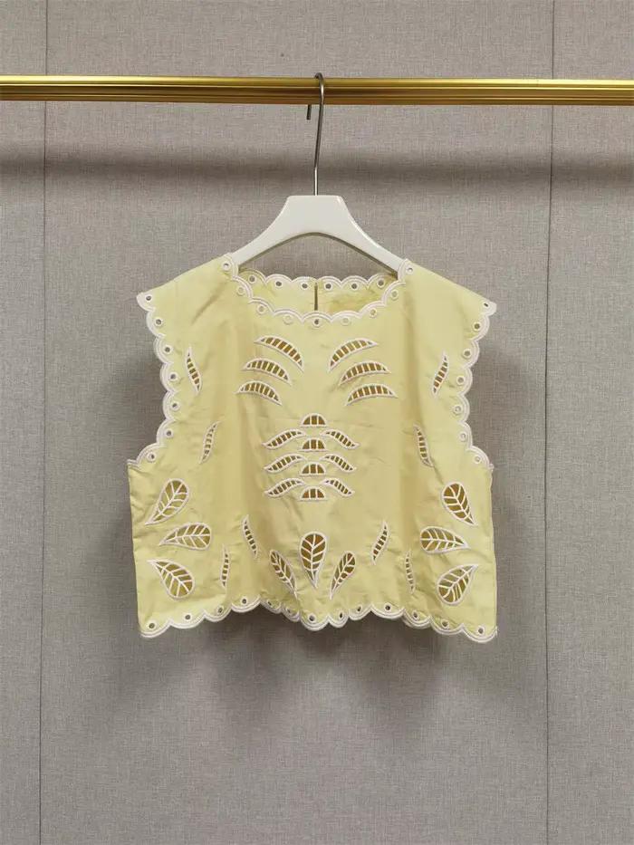 Ensemble en coton pour femme, broderie ajourée, jaune ou blanc, jupe mi-mollet ou gilet court sans m