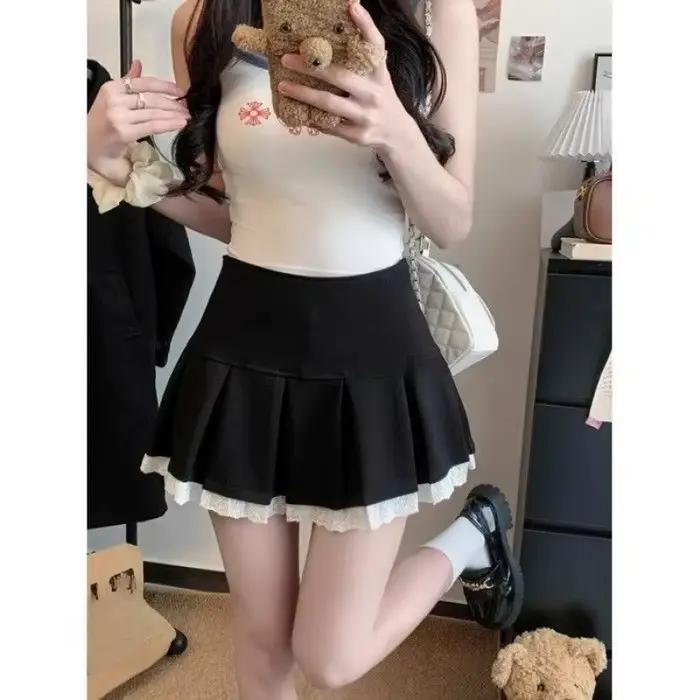 Jupe plissée rétro pour femme avec empiècements en dentelle, taille haute et coupe trapèze fine, idé
