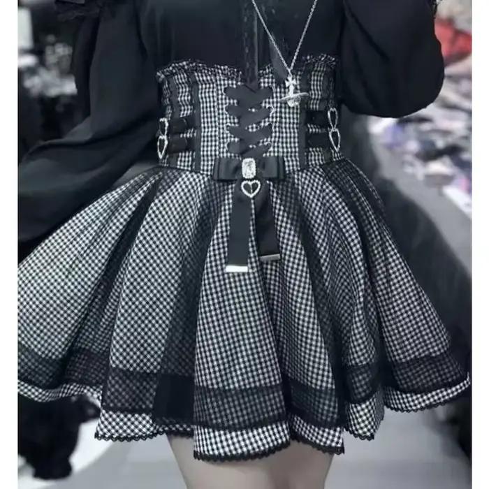 Lolita – jupe Min Y2k pour femme, Style japonais, mignonne, à carreaux, taille haute, Kawaii, mode,