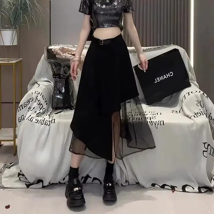 Jupe mi-longue élégante à taille haute et design asymétrique pour femme, amincissante, nouvelle coll