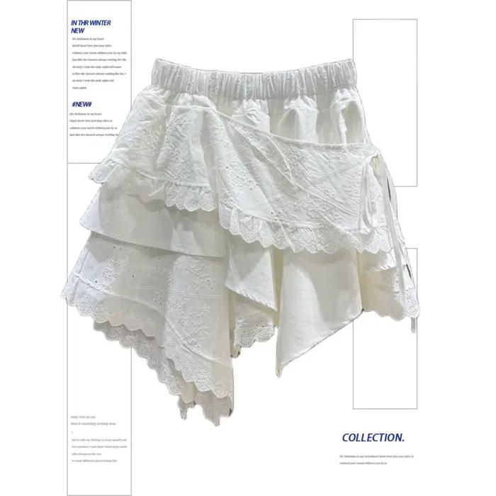 Été 2025 blanc asymétrique dentelle jupe femmes décontracté doux taille haute a-ligne Mini jupe élég