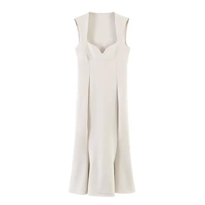 Robe Midi Plissée Tricotée Élégante et Moulante en Forme de Cœur pour Femme, Sans Manches, Coupe A-L