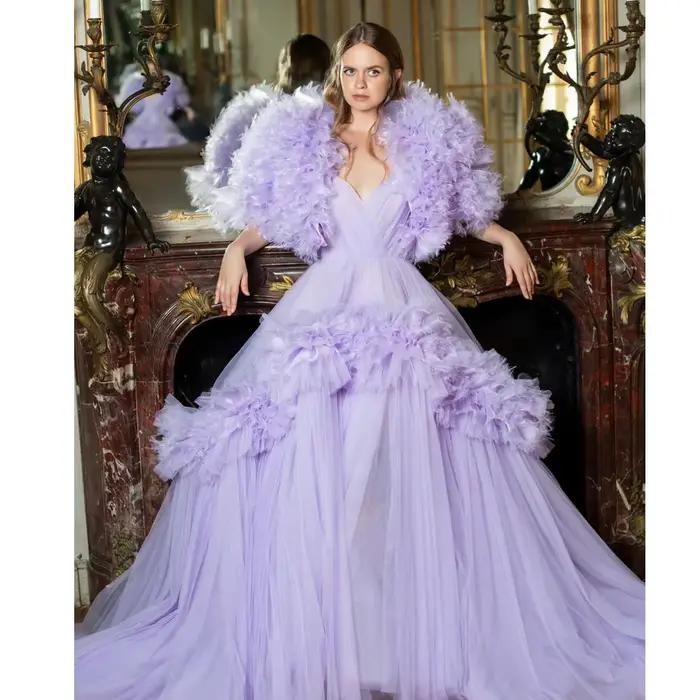 Robes de fiançailles longues en tulle lavande rêveuses pour femmes avec vestes à volants, robe de so