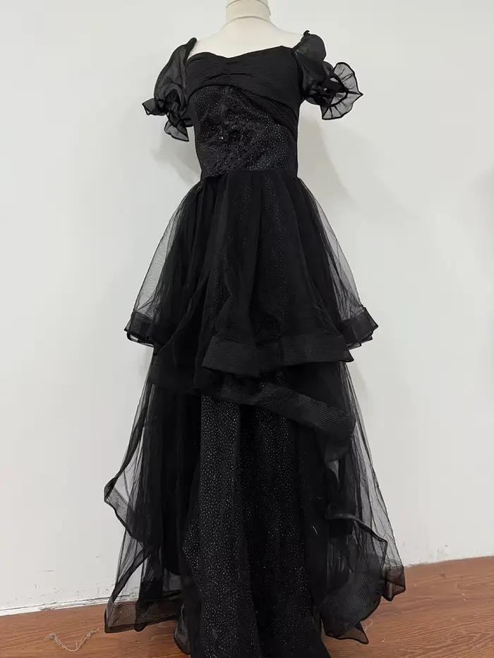 Robe de Soirée Longue Noire pour Femme, Tenue Française, Haut de Gamme, Manches Bouffantes, Demoisel