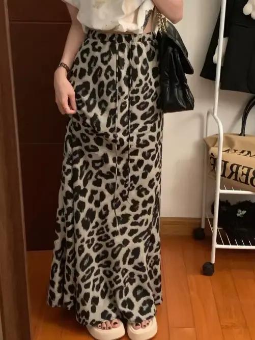 Jupe longue imprimée léopard tendance pour femme, style décontracté vintage, taille haute, longueur