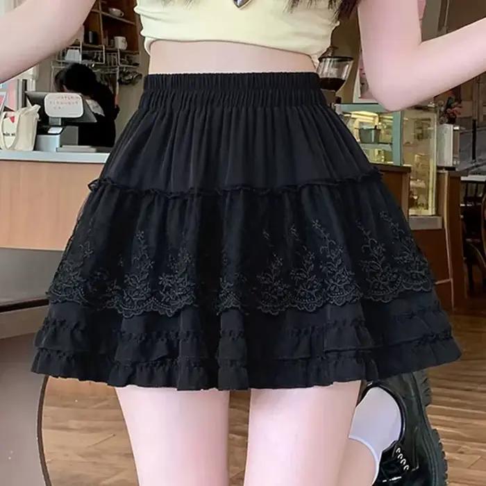 Nouvelle Mini-jupe plissée en dentelle pour femme, style coréen, à volants, mignonne, taille haute,