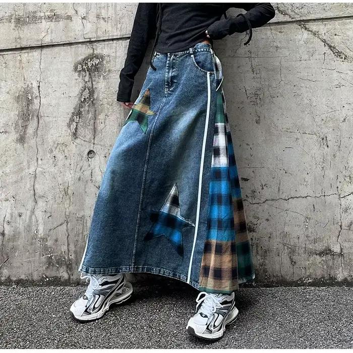 Haute couture Denim jupe femmes élastique taille haute a-ligne jupe longue femme coloré Patchwork Pl