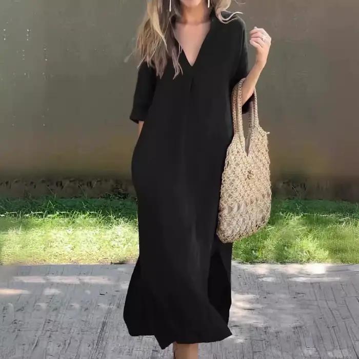 Robe longue en coton et lin à demi-manches pour femmes, robes à col en V profond, poches élégantes,