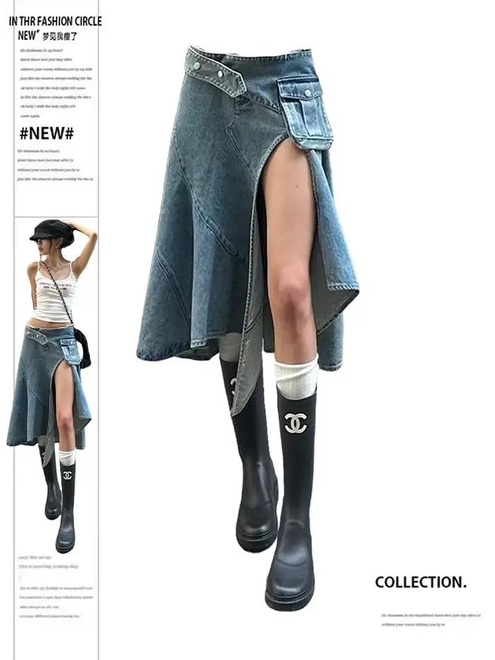 Jupe mi-longue fendue en jean pour femmes, Harajuku, Gyaru, esthétique japonaise, Abi Y2k, coréen, S