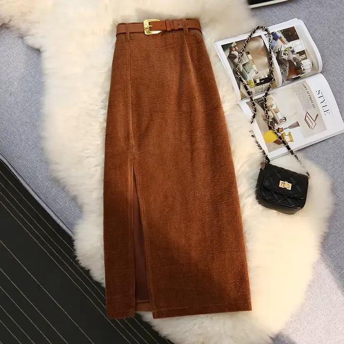Jupes portefeuille en velours côtelé pour femmes, taille haute, avec ceinture, Vintage, gaine droite