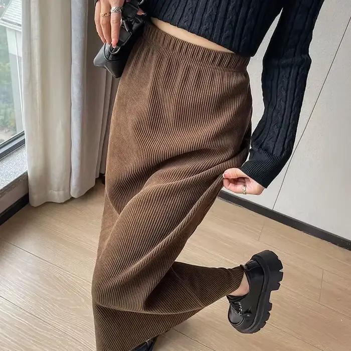 Plus velours jupes droites femmes automne hiver velours côtelé taille haute fendu solide Simple doux
