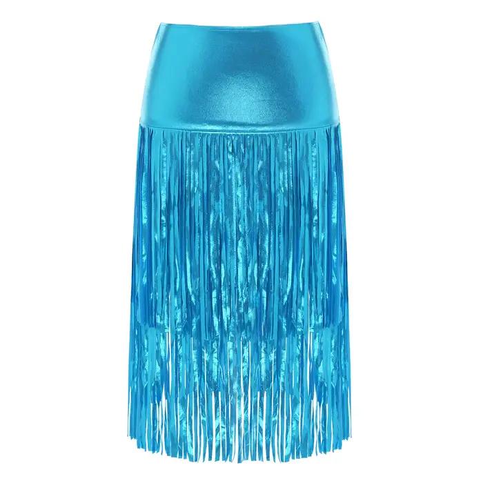 Jupe midi métallique brillante à franges pour femme, taille haute, moulante, style crayon, idéale po