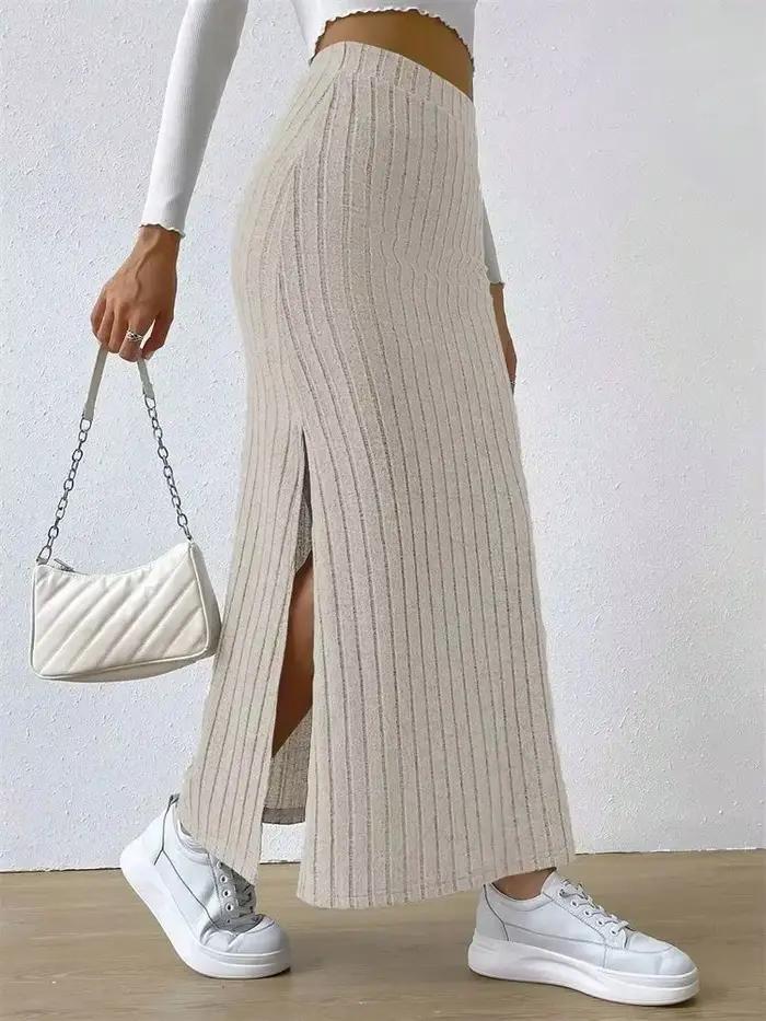 Femmes côtelé côté fendu Maxi jupe automne printemps décontracté élégant taille haute jupe droite