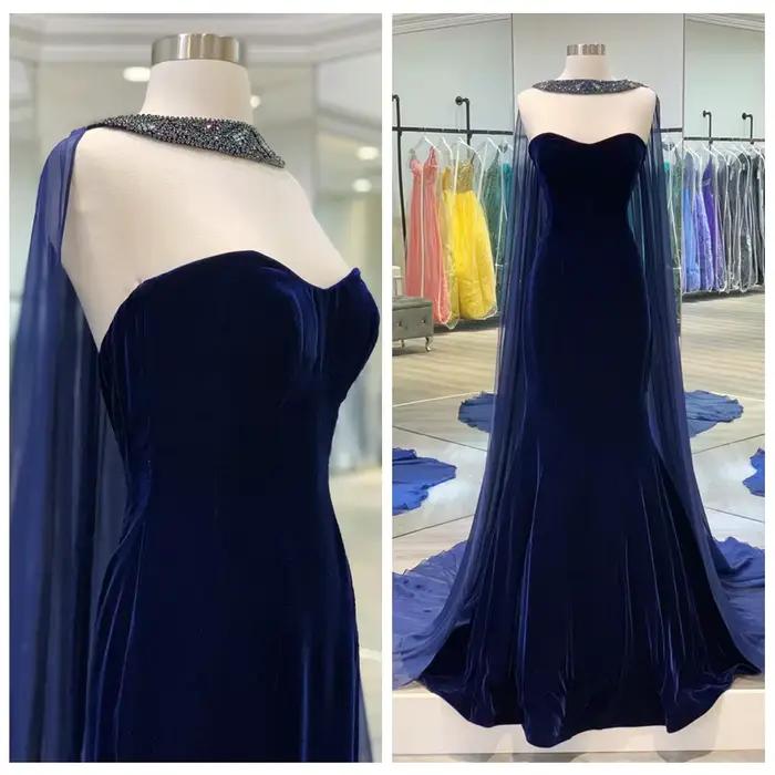Robe de soirée sirène en velours bleu marine avec perles, chérie, robe de Rhde luxe, robe de célébri