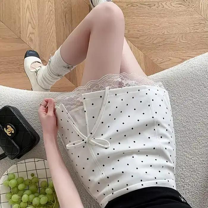 Jupe courte fendue à nœud papillon et dentelle pour femme, nouvelle jupe trapèze taille haute à pois