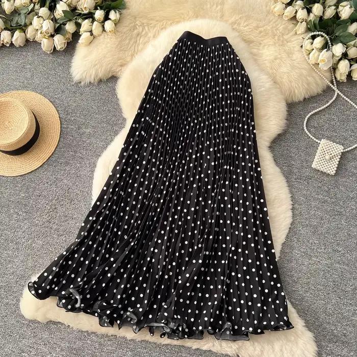 Jupes longues plissées à pois style coréen pour femmes, collection Printemps-Été 2026, taille haute,