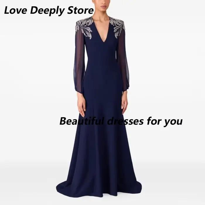 Robe de soirée marine personnalisée, col en V profond, manches longues bouffantes transparentes, cou