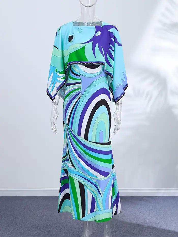 Ensemble jupe longue imprimée et haut élégant à col rond et ourlet asymétrique pour femme, jupe trap