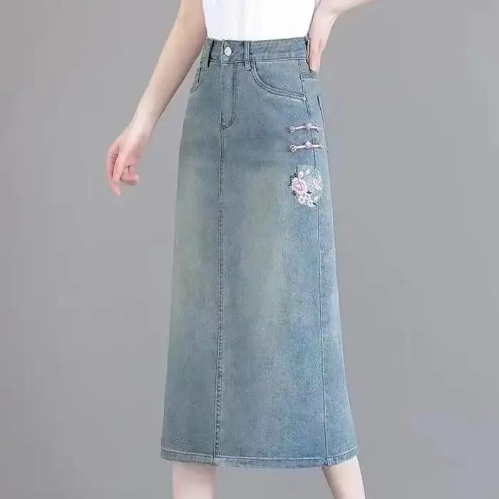 Jupe en jean bleue pour femmes, avec fente brodée, taille haute, Y2k, Vintage, qualité esthétique, S