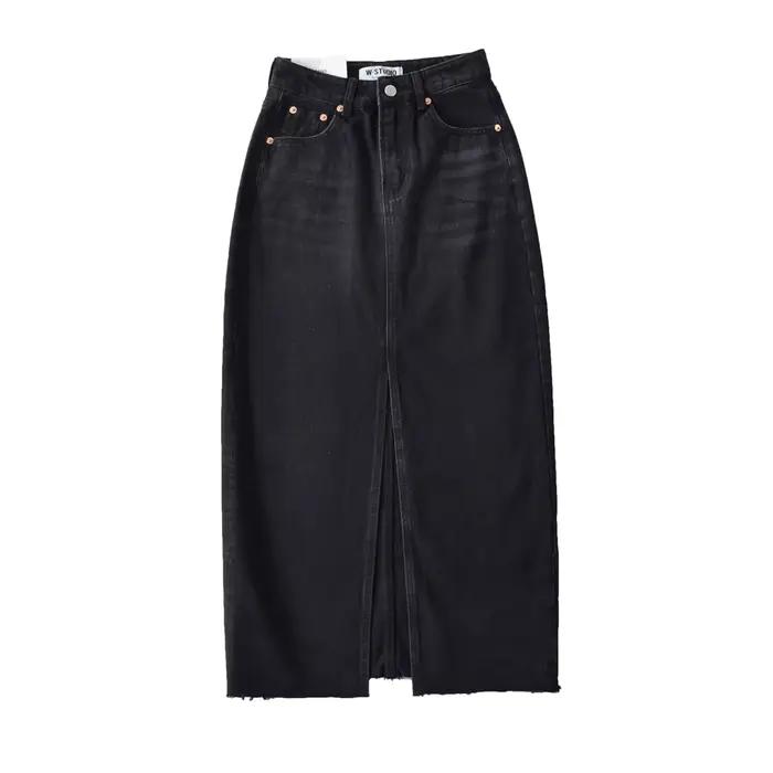Jupe longue en jean à taille haute pour femmes, mode coréenne, été, vêtements vintage, denim, noir,