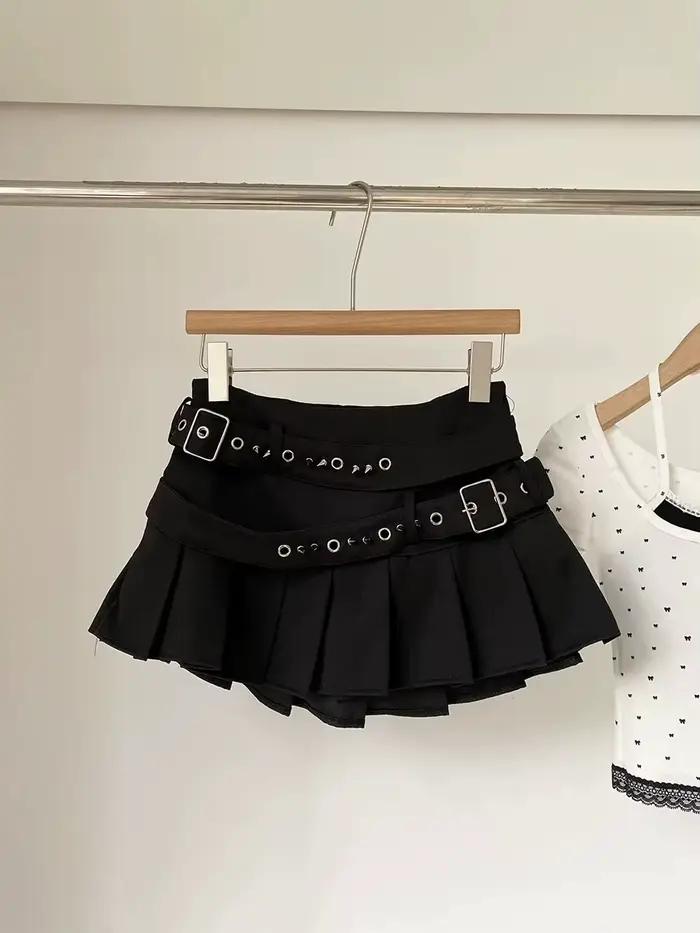 Jupe mini plissée noire style grunge avec short intégré à double ceinture, jupe skater pour femme, s