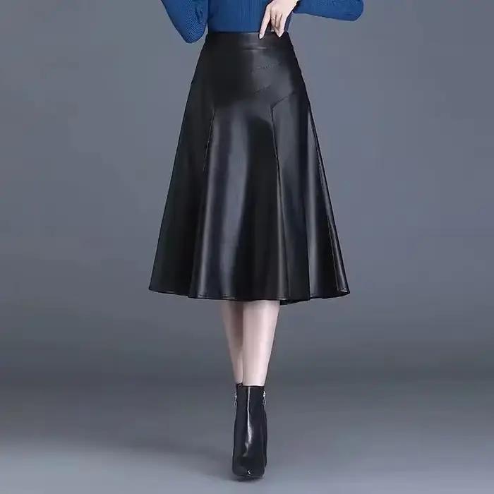 Jupe midi en similicuir pour femme, taille haute, coupe évasée