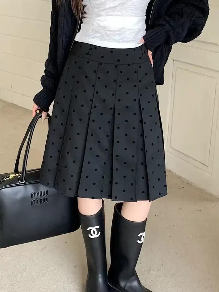 Jupe plissée à pois pour femmes, jupe trapèze taille haute, mode décontractée, courte, vêtements de