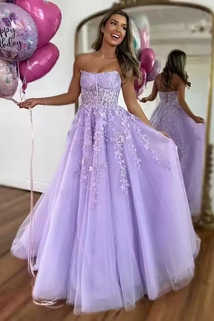 Robes de soirée longues Bomaris Lavande, style vintage, en tulle avec appliques, longueur ras du sol