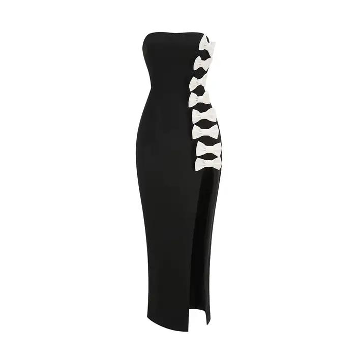 Robes de soirée chics noires sans bretelles avec détail de nœud blanc – Robe de soirée de luxe à fen