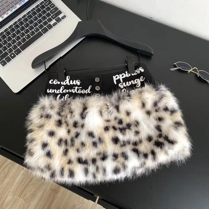 Jupe élégante en fausse fourrure duveteuse Y2K, mini-jupe léopard taille basse coupe trapèze moulant