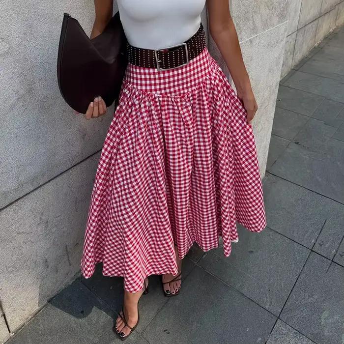 Jupe longue rétro à carreaux taille haute pour femme, coupe trapèze, design élégant, jupe évasée, ju