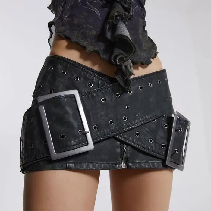 KUCLUT mode usé ceinture croisée en cuir taille basse Mini jupe pour les femmes polyvalent Style de