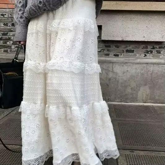 Femmes vêtements doux Jupe longue Patchwork dentelle Jupe taille haute a-ligne blanc Saia 2025 Falda