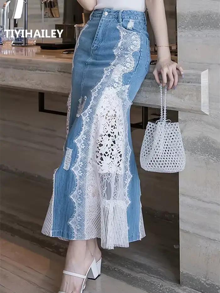 TIYIHAILEY Jupe longue maxi en jean et dentelle style sirène taille haute pour femme S-XL, nouvelle