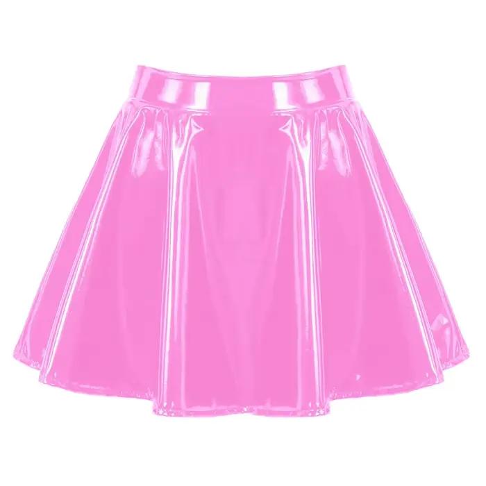 Jupe trapèze pour femme en cuir verni brillant, mini-jupe évasée, jupe de danse, tenue de club, cosp