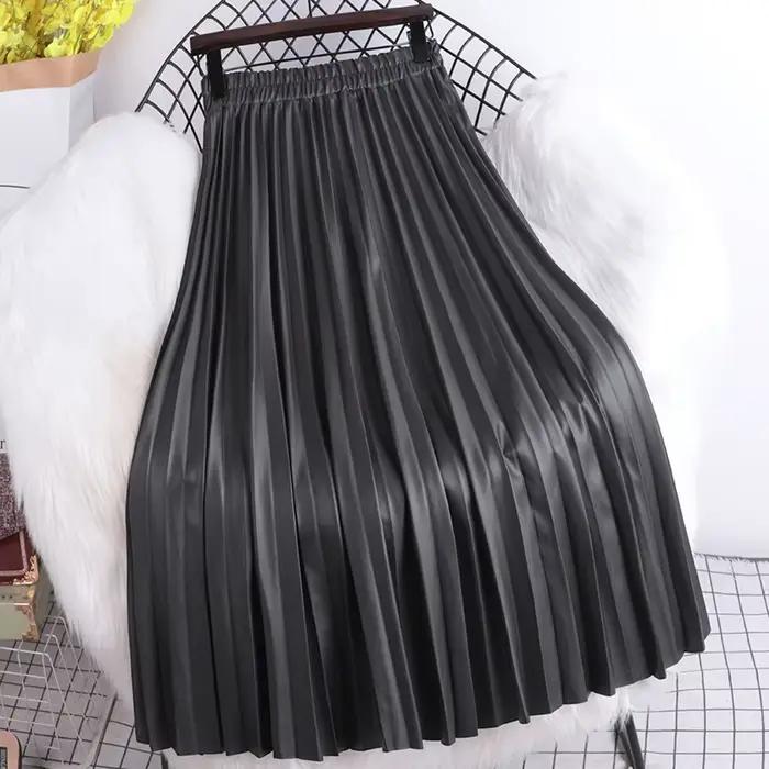 Jupe plissée mi-longue en cuir PU pour femmes, nouvelle collection automne/hiver 2021, taille haute