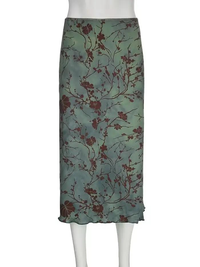 Jupe longue vintage à imprimé floral pour femmes, jupes mi-longues droites taille basse, jupes tout