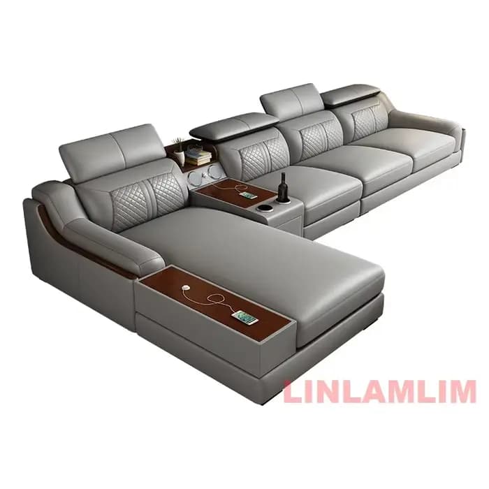 Ensemble de canapés sectionnels modernes en forme de U avec chaise longue, canapé en cuir véritable