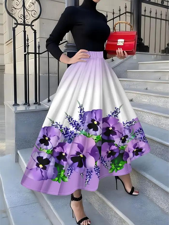 Jupe midi à imprimé floral violet avec feuilles vertes et centre noir, jupe décontractée d'été pour