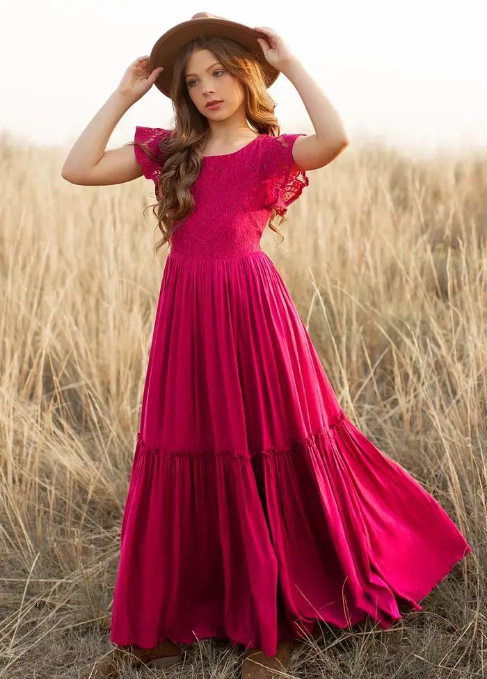 3-14 ans filles dentelle bohême longues robes bébé enfants fleur mariage princesse robe de soirée ro