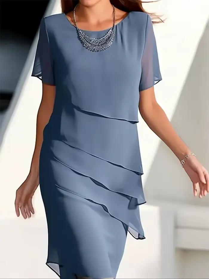 Robe mi-longue en mousseline de soie pour femmes, ligne a, col rond, manches courtes, élégante, robe