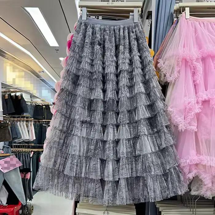Jupes mi-longues en tulle à plusieurs niveaux – Jupe d'été trapèze à ourlet évasé en dentelle avec t