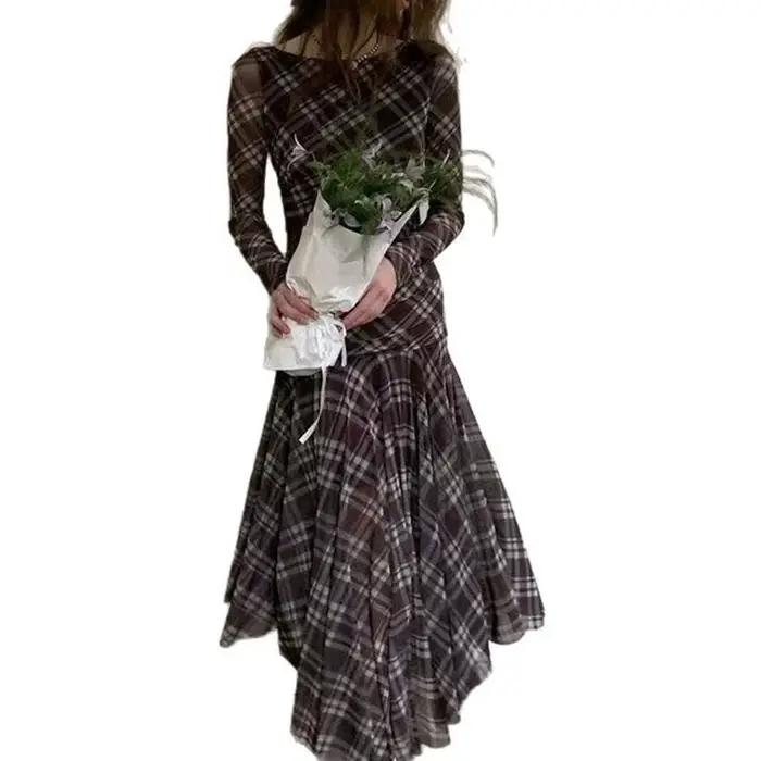 Robe longue élégante à carreaux style décontracté 2026 pour femme, nouvelle collection printemps-aut